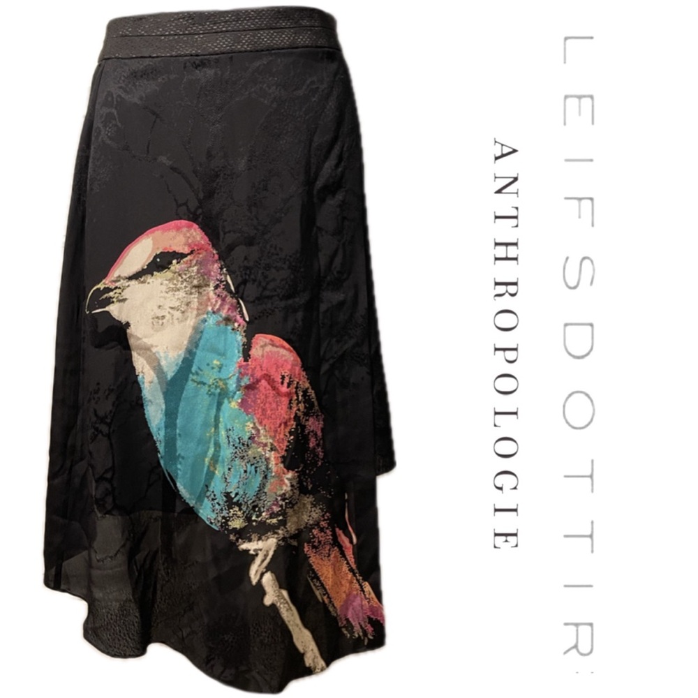 LEIFSDOTTIR Anthropologie Silk Watercolor Bird Asymmetrical Black Wrap Skirt - 2